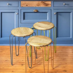 Set of Three 19" Brown and Gray Manufactured Wood and Iron Backless Bar Chairs