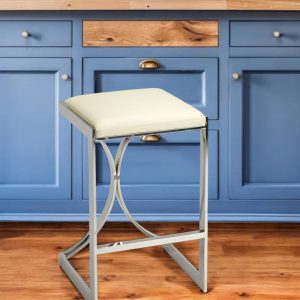 24" Off White and Silver Faux Leather and Iron Backless Counter Height Bar Chair