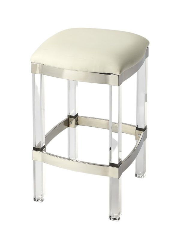 24" White and Clear Stainless Steel and Acrylic Backless Counter Height Bar Chair - Image 3