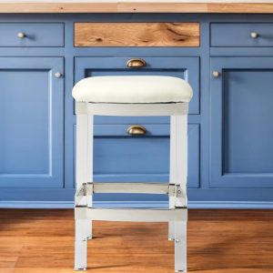 24" White and Clear Stainless Steel and Acrylic Backless Counter Height Bar Chair