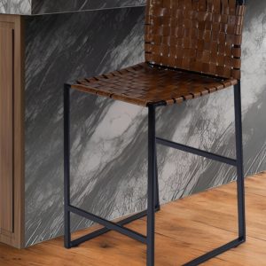 36" Brown and Black Leather and Iron Bar Chair