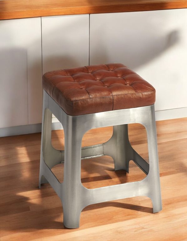20" Brown and Silver Leather and Iron Backless Bar Chair