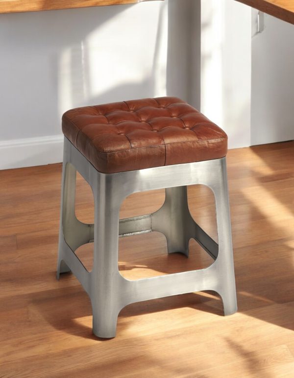 20" Brown and Silver Leather and Iron Backless Bar Chair - Image 2