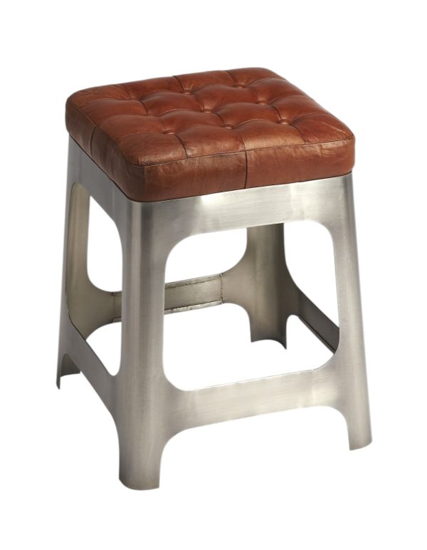 20" Brown and Silver Leather and Iron Backless Bar Chair - Image 3