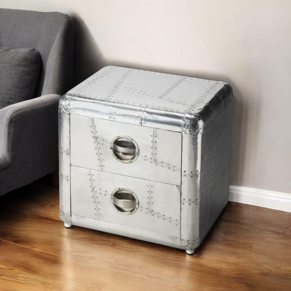20" Silver Aluminum End Table With Two Drawers - Image 2