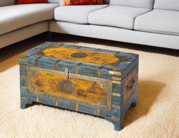 32" Brown and Blue Solid Wood and Wood Coffee Table - Image 2