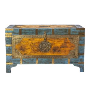 32" Brown and Blue Solid Wood and Wood Coffee Table