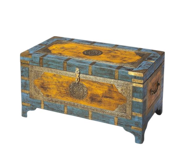 32" Brown and Blue Solid Wood and Wood Coffee Table - Image 3