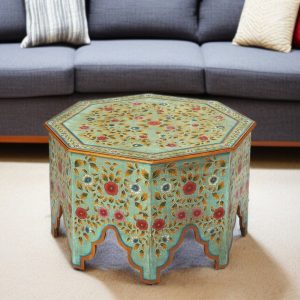 29" Green Wood Hexagon Abstract Coffee Table