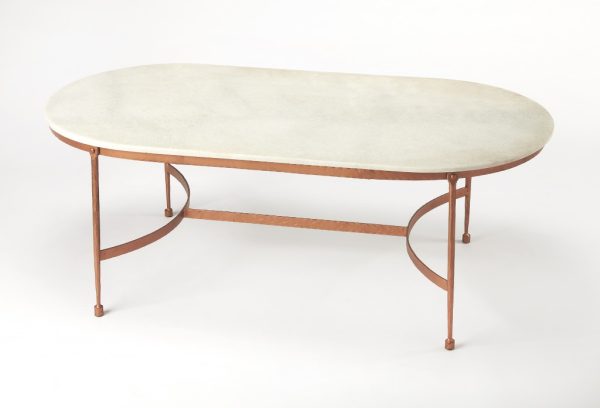 47" White and Copper Genuine Marble and Metal Oval Coffee Table - Image 2