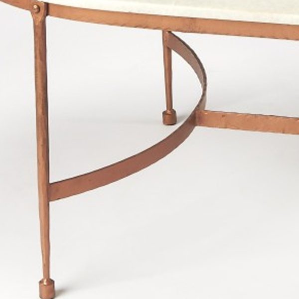 47" White and Copper Genuine Marble and Metal Oval Coffee Table - Image 3