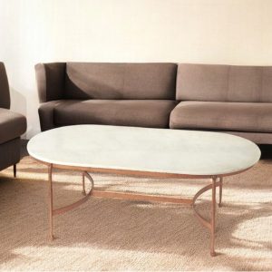 47" White and Copper Genuine Marble and Metal Oval Coffee Table