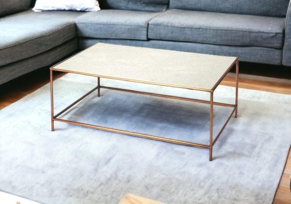 42" Off White and Rose Gold Genuine Marble and Metal Oval Coffee Table - Image 3