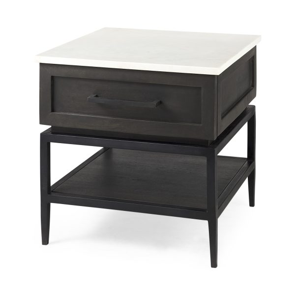 22" Black And White Marble Square End Table With Drawer And Shelf - Image 3