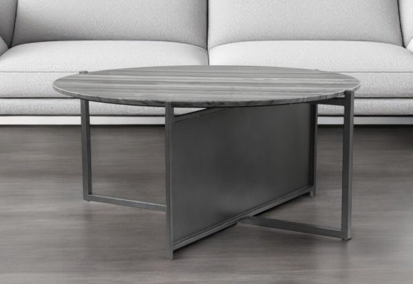36" Gray and Black Faux Marble And Steel Round Coffee Table - Image 2