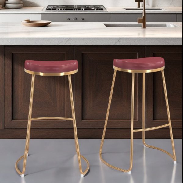 Set of Two 31" Burgundy And Gold Steel Backless Bar Height Bar Chairs - Image 2