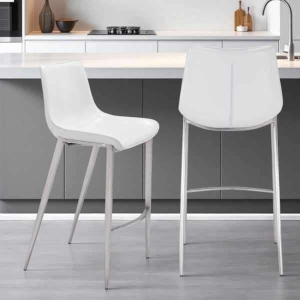 Set of Two 30" White And Silver Steel Low Back Bar Height Bar Chairs - Image 2