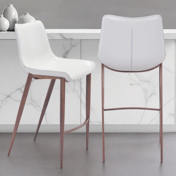 Set of Two 30" White And Brown Steel Low Back Bar Height Bar Chairs - Image 2