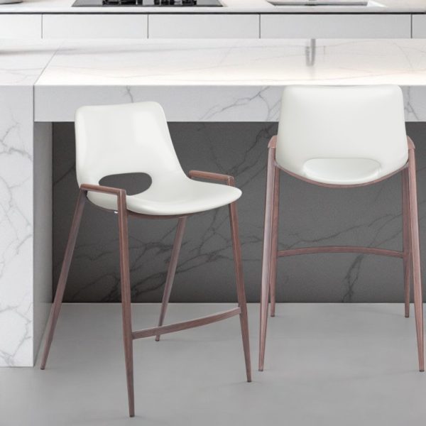 Set of Two 26" White And Brown Steel Low Back Counter Height Bar Chairs - Image 2
