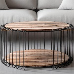 32" Natural And Black Solid Wood And Steel Round Coffee Table With Shelf