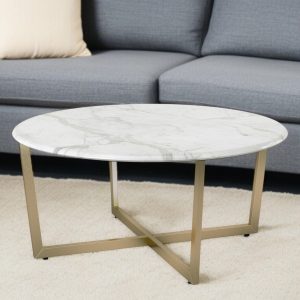 36" White and Gold Wood And Metal Round Cross Legs Coffee Table