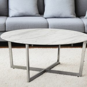36" White and Silver Wood And Metal Round Cross Legs Coffee Table