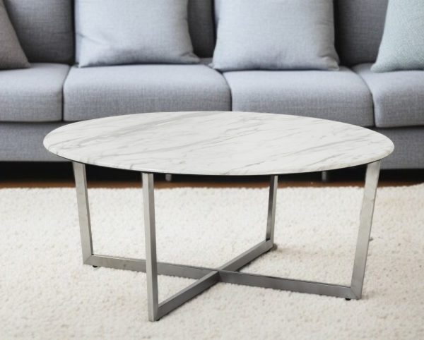 36" White and Silver Wood And Metal Round Cross Legs Coffee Table