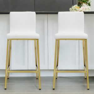 Set of Two 26" White And Gold Steel Low Back Counter Height Bar Chairs