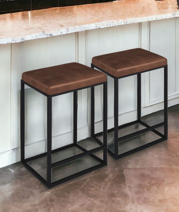 Set of Two " Brown And Black Faux Leather And Metal Backless Counter Height Bar Chairs - Image 2