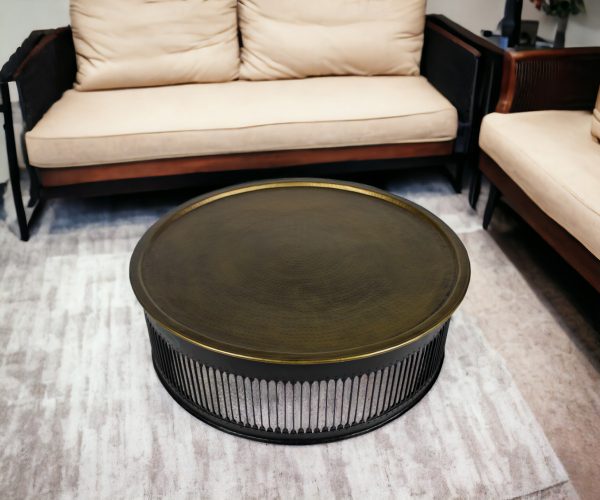 44" Brass Brass and Iron Round Frame Coffee Table - Image 2