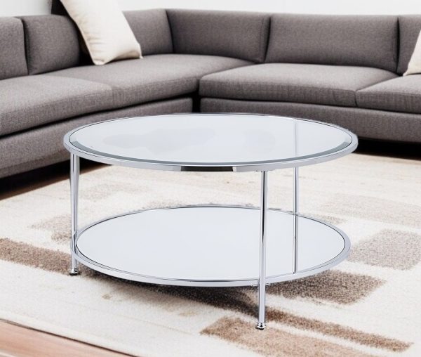 34" Chrome Glass And Metal Round Mirrored Coffee Table - Image 2