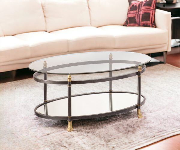 42" Gray Glass And Metal Oval Mirrored Coffee Table - Image 2