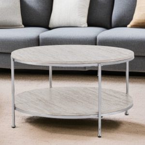 33" Chrome Faux Marble And Metal Round Coffee Table