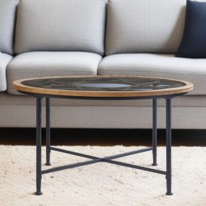 33" Floral Design Glass Top Round Coffee Table