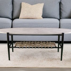 52" Black and White Metal and Faux Marble Boho Rope Oval Coffee Table