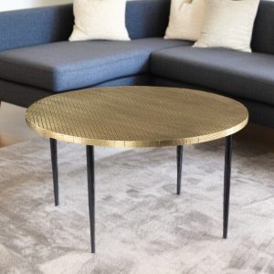 34" Black And Gold Embossed Metal Round Coffee Table