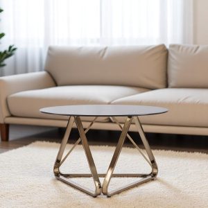 31" Smoky Black and Gold Glass and Metal Round Coffee Table