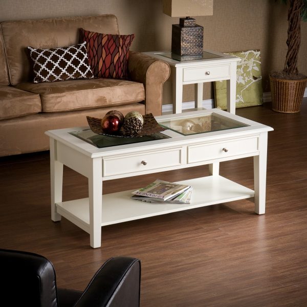 44" Off And White And Off-White Glass And Metal Rectangular Coffee Table - Image 2