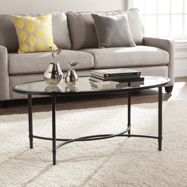 45" Black Glass And Metal With Iron Oval Coffee Table - Image 2