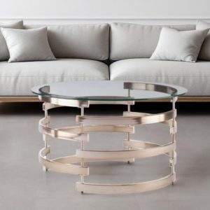 32" Clear And Champagne Glass And Metal With Iron Round Coffee Table