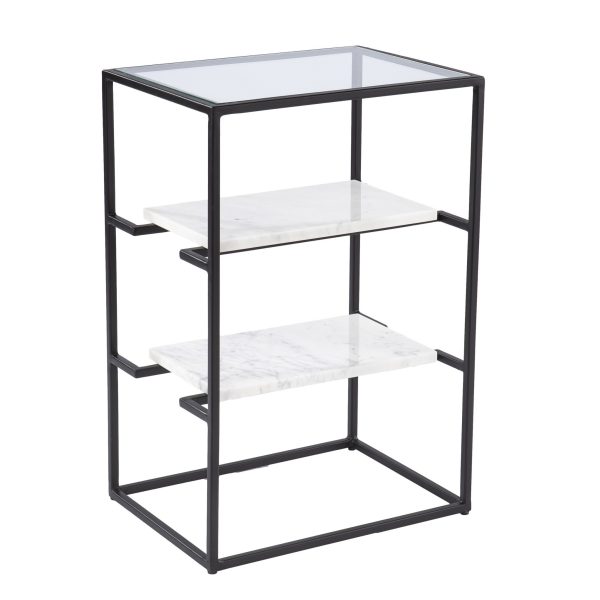 24" Black Glass and Marble Rectangular End Table With Two Shelves - Image 3
