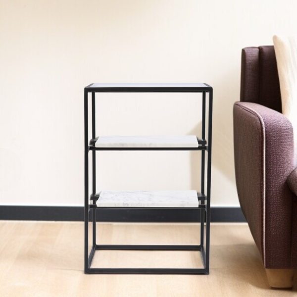24" Black Glass and Marble Rectangular End Table With Two Shelves - Image 2