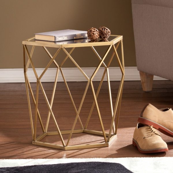 19" Gold And Reflective Glass Hexagon Mirrored End Table - Image 3
