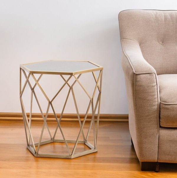 19" Gold And Reflective Glass Hexagon Mirrored End Table - Image 2