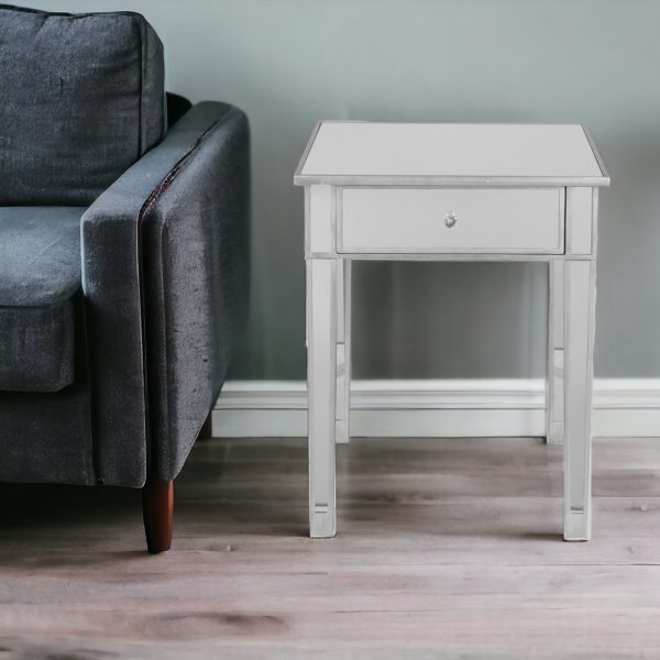 29" Silver And Reflective Glass Square End Table With Drawer - Image 2
