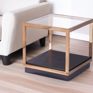 22" Champagne Glass And Iron Square Block End Table With Shelf