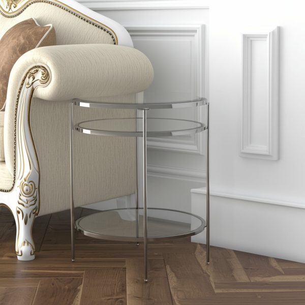 26" Chrome Glass And Iron Round Mirrored End Table With Shelf - Image 2
