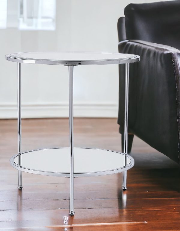 26" Chrome Glass And Iron Round Mirrored End Table With Shelf - Image 3