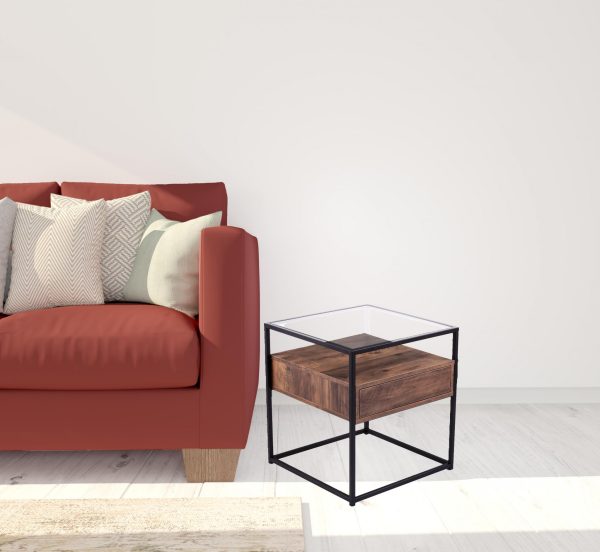 22" Black Glass And Iron Square End Table With Drawer With Shelf - Image 2