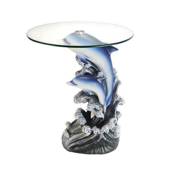 24" Clear And Blue Glass And Polyresin Round Figurine End Table - Image 3